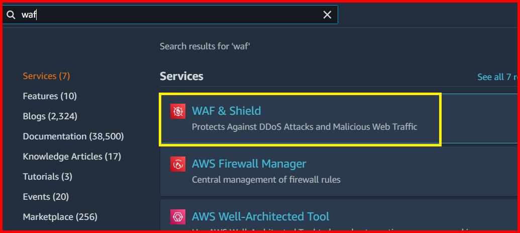 Picture showing the WAF & Shield service in the search result